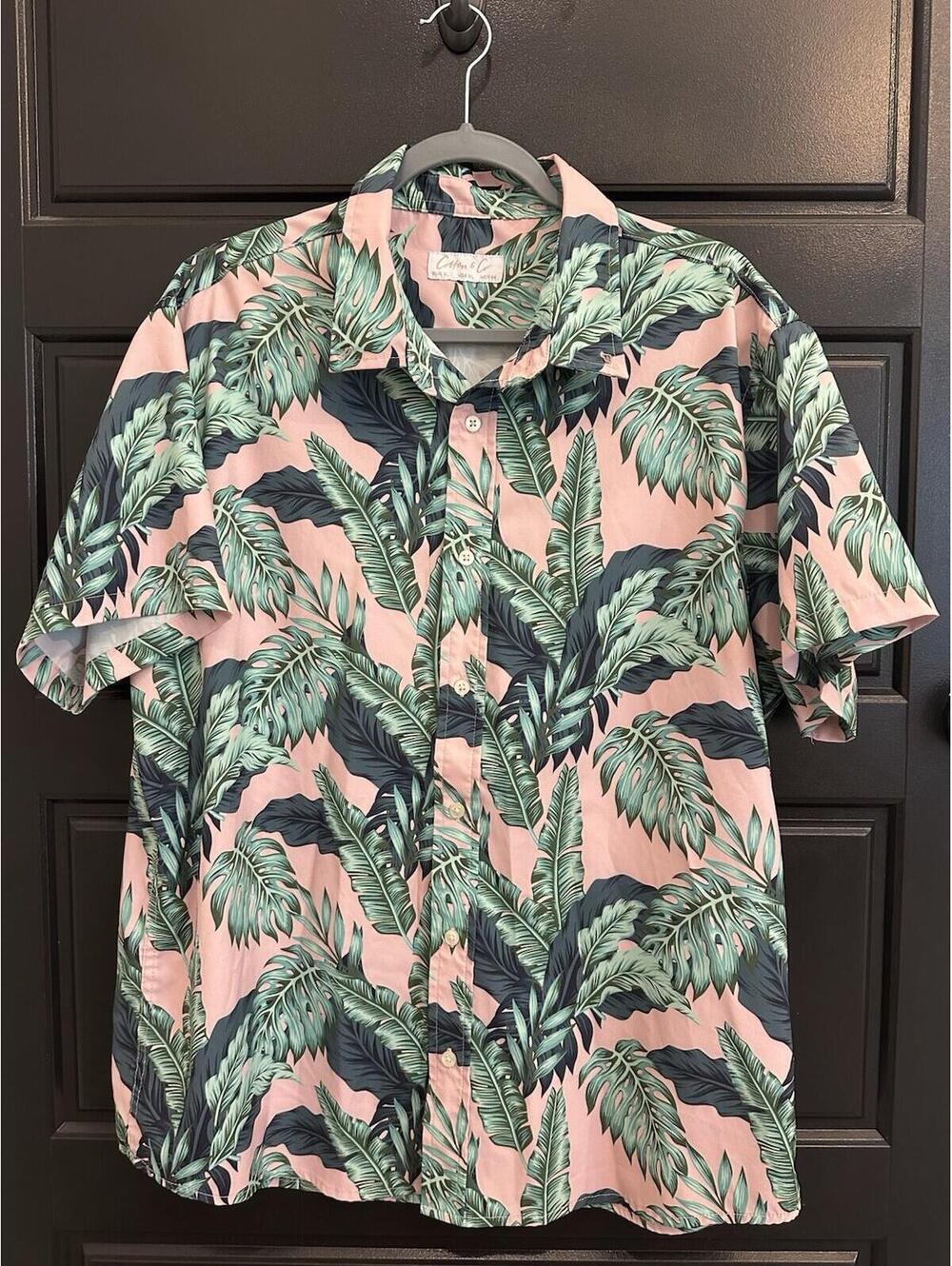 Cotton & Co Hawaiian Luau Large XL Shirt Pink with Green Palm Leaves see sizing